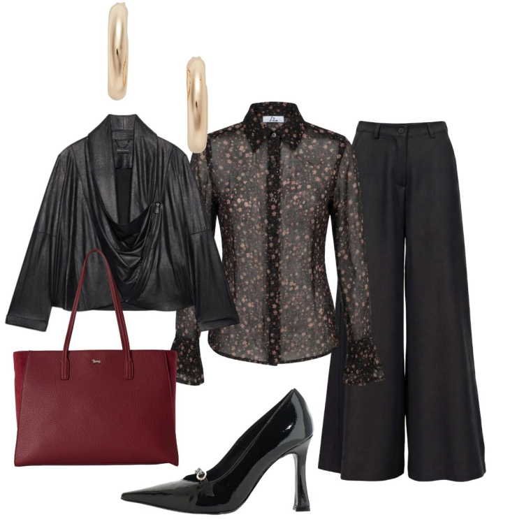 Outfit donna - Sofisticata e glamour. Stile Glamour per Serata fuori. Abbinamento con camicie, pantaloni a palazzo, shopping bag, décolleté, blazer, orecchini.