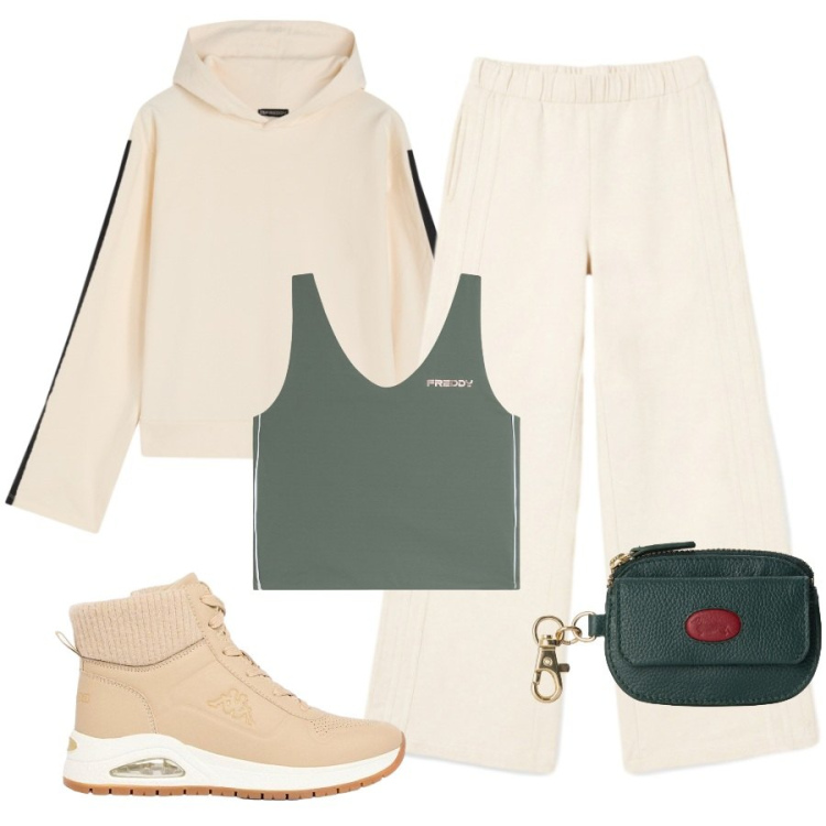 Outfit donna - Relax nel weekend. Stile Casual per Sport. Abbinamento con portamonete, felpe con cappuccio, top sportivi, pantaloni, stivaletti.