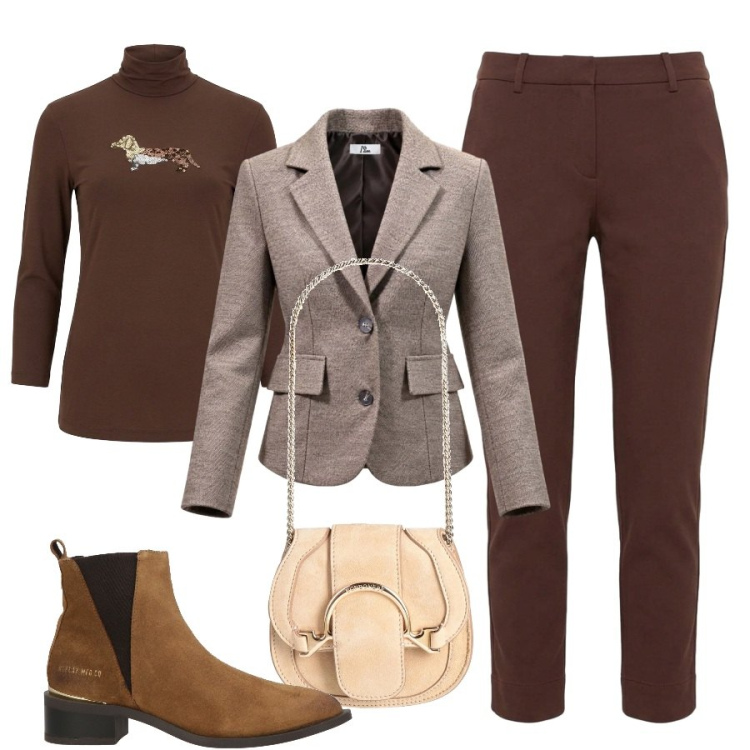 Outfit donna - Le mie giornate. Stile Sporty chic per Ufficio. Abbinamento con blazer, pantaloni, t-shirt, marsupi, stivaletti texani.