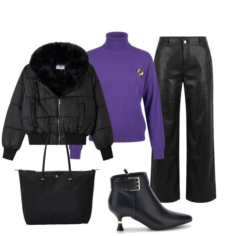 Outfit donna - Total black e viola. Stile Glamour per Ufficio. Abbinamento con borse tote, pantaloni, pullovers, bomber, stivaletti.