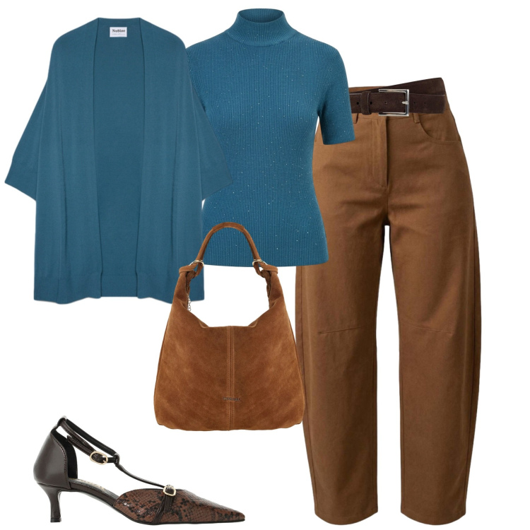 Outfit donna - Misterioso ottanio. Stile Casual chic per Tutti i giorni. Abbinamento con pantaloni, borse a spalla, décolleté, cardigans, maglieria, cinture.