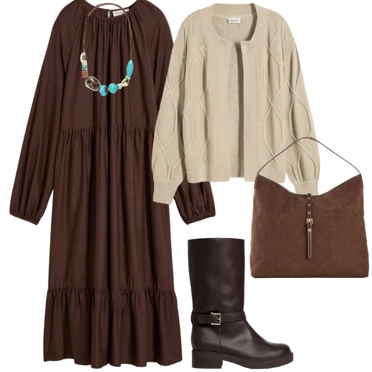 Outfit donna - Autunno. per Tutti i giorni. Abbinamento con collane, cardigans, stivali, shopping bag, vestiti.