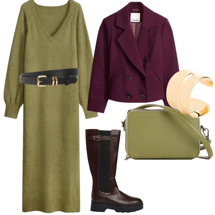 Outfit donna - Di giorno. per Tutti i giorni. Abbinamento con vestiti midi/longuette, cinture, blazer, stivali, braccialetti, borse a tracolla.