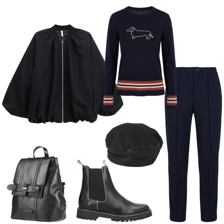 Outfit donna - Black. Stile Basic per Ufficio. Abbinamento con maglieria, pantaloni, bomber, zaini, cappelli e berretti, stivaletti chelsea.