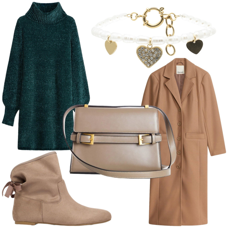 Outfit donna - Elegante. Stile Casual chic per Tutti i giorni. Abbinamento con braccialetti, vestiti, borse a tracolla, stivaletti, cappotti.