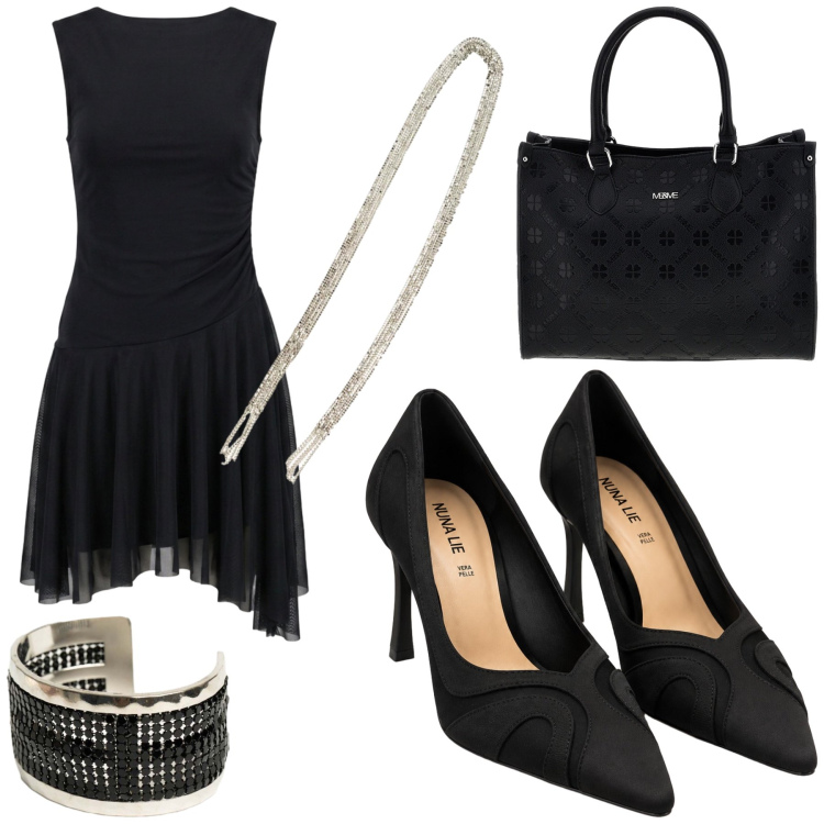 Outfit donna - Total black. Stile Casual chic per Serata fuori. Abbinamento con vestiti corti, braccialetti, collane, décolleté, borse a tracolla.