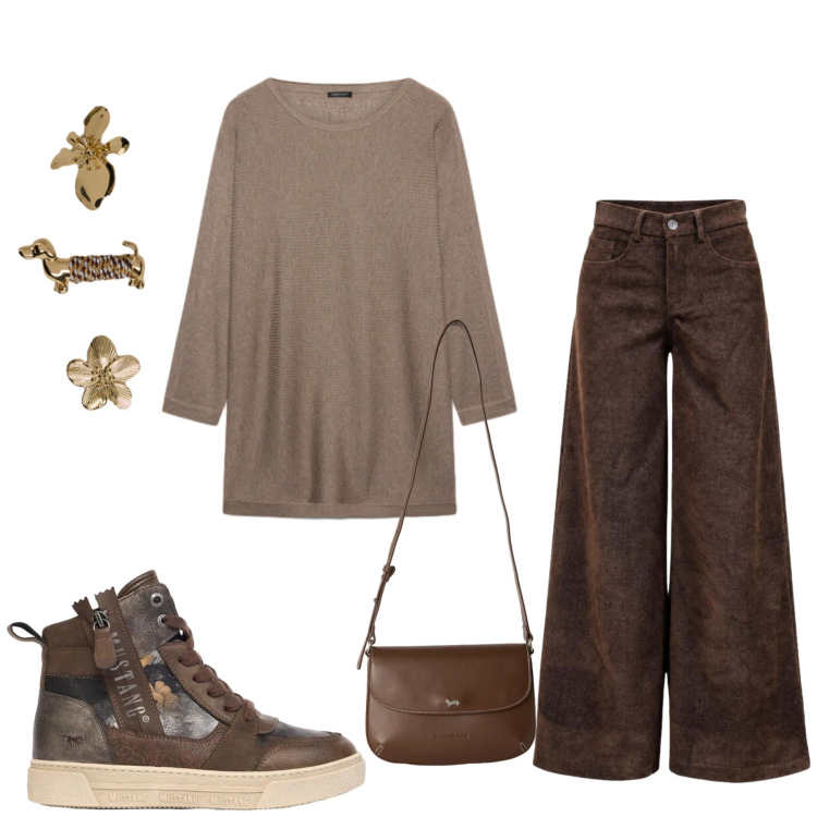 Outfit donna - Autumn Outfit. Stile Chic per Tutti i giorni. Abbinamento con pantaloni a palazzo, borse a tracolla, maglieria, portachiavi, sneakers alte.