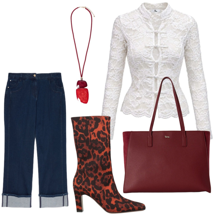 Outfit donna - Blusa raffinata. Stile Casual per Tutti i giorni. Abbinamento con top, shopping bag, jeans dritti, ciondoli, stivaletti.