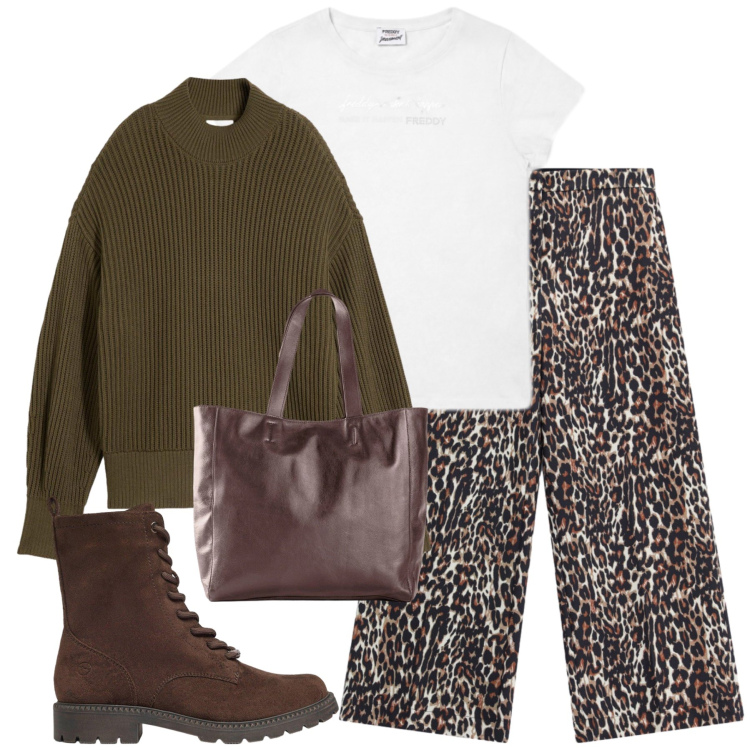 Outfit donna - Autumn Outfit. Stile Casual chic per Tutti i giorni. Abbinamento con pantaloni a palazzo, t-shirt, anfibi, shopping bag, pullovers.