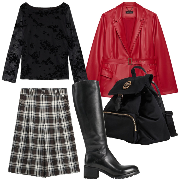 Outfit donna - Bermuda a quadri. Stile Glamour per Tutti i giorni. Abbinamento con bermuda, blazer, t-shirt, zaini, stivali.