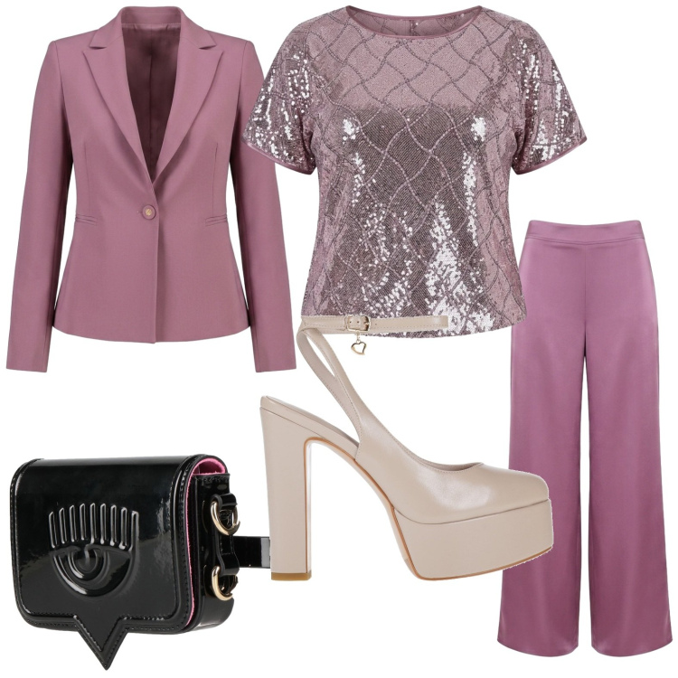 Outfit donna - Rosa malva. Stile Chic per Tutti i giorni. Abbinamento con bluse, pantaloni a palazzo, blazer, marsupi, décolleté.