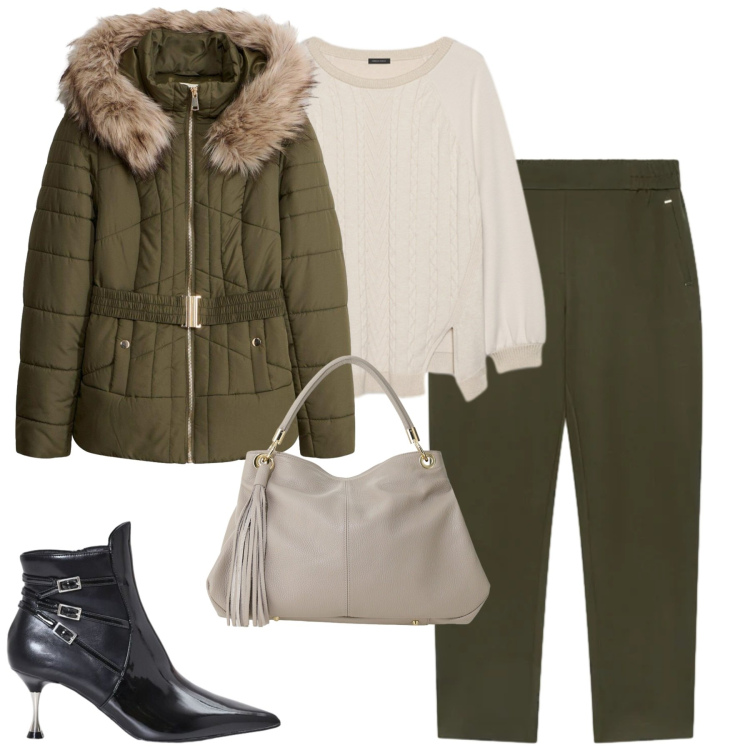 Outfit donna - City. Stile Casual chic per Tutti i giorni. Abbinamento con borse a spalla, pantaloni, maglieria, stivaletti, piumini.