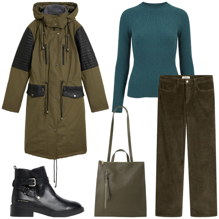Outfit donna - Total look #2498403. Stile Casual chic per Tutti i giorni. Abbinamento con borse a tracolla, maglieria, pantaloni, parka, stivaletti.