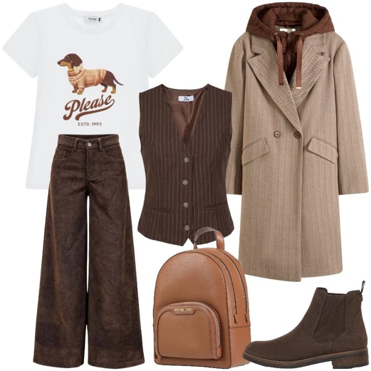 Outfit donna - Ottobre color caffé e latte. Stile Casual chic per Tutti i giorni. Abbinamento con gilet, pantaloni a palazzo, t-shirt, zaini, cappotti, stivaletti.