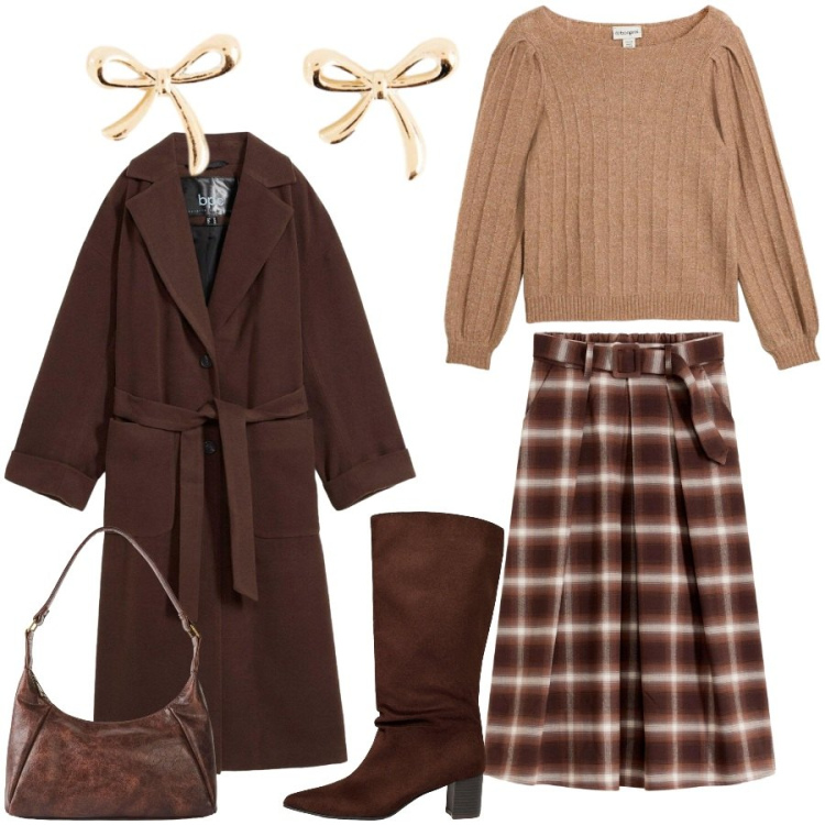 Outfit donna - Classica. Stile Bon Ton per Ufficio. Abbinamento con gonne, orecchini, maglieria, cappotti, borse a mano, stivali.