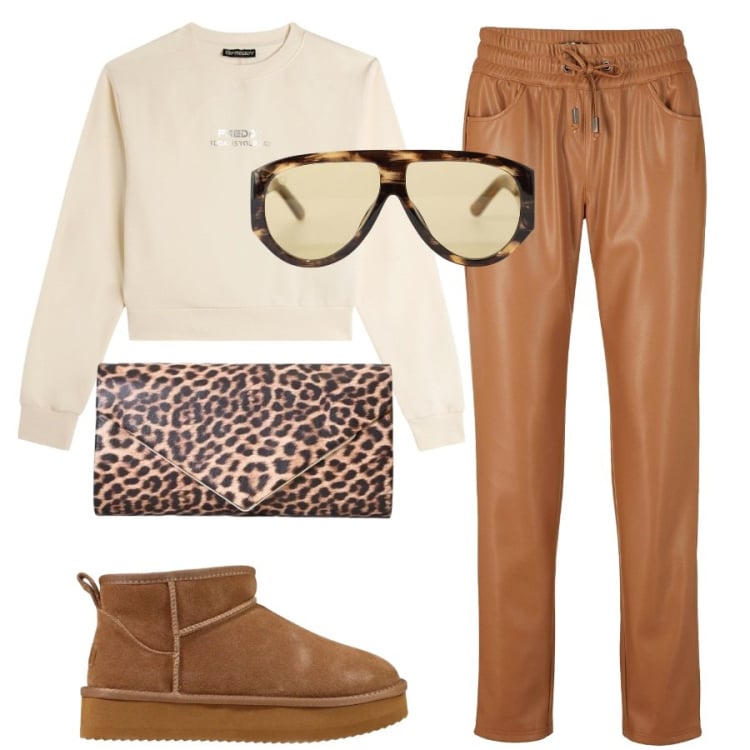Outfit donna - Le passeggiate. Stile Trendy per Tutti i giorni. Abbinamento con stivaletti, felpe, occhiali da sole, pochette, pantaloni.