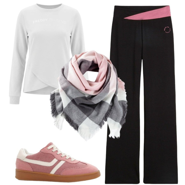 Outfit donna - Il rosa per lo sport. Stile Casual per Sport. Abbinamento con felpe, pantaloni sportivi, foulard, sneakers.