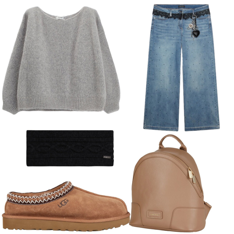 Outfit donna - Curvy , casual. Stile Casual per Scuola/Università. Abbinamento con jeans, maglieria, fasce per capelli, stivaletti, zaini.
