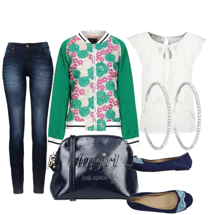 Outfit donna - Bomber I love u. Stile Trendy per Tutti i giorni. Abbinamento con jeans skinny, borsa a tracolla mini con strass effetto vernice con zip interno foderato in pelle sintetica tinta unita, ballerine con fiocco senza tacco open toe pianta stretta in raso tinta unita, giubbotto con pizzo fantasia floreale collo tondo a maniche lunghe con zip interno foderato crêpe, camicetta bianco, orecchini.
