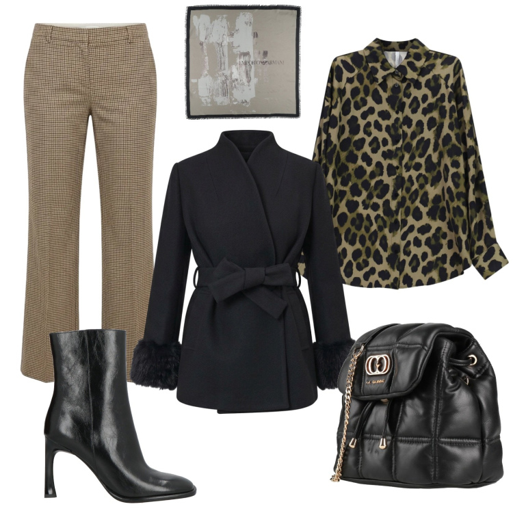 Outfit donna - Autorevole. Stile Chic per Ufficio. Abbinamento con pantaloni, camicie, cappotti, sciarpe, stivaletti, valigie.