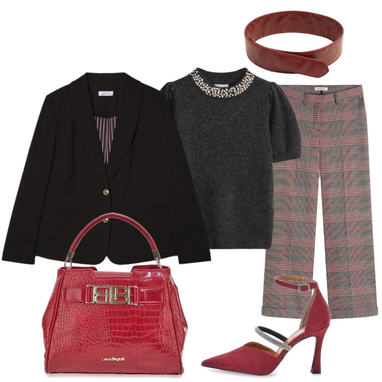 Outfit donna - Accessori rossi. Stile Chic per Tutti i giorni. Abbinamento con blazer, cinture, pantaloni, maglieria, borse a mano, décolleté.