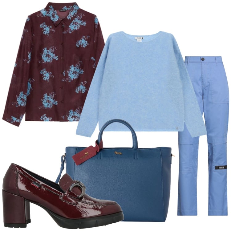 Outfit donna - Il pomeriggio freddo. Stile Trendy per Tutti i giorni. Abbinamento con borse a mano, camicie, maglieria, pantaloni cargo, mocassini.