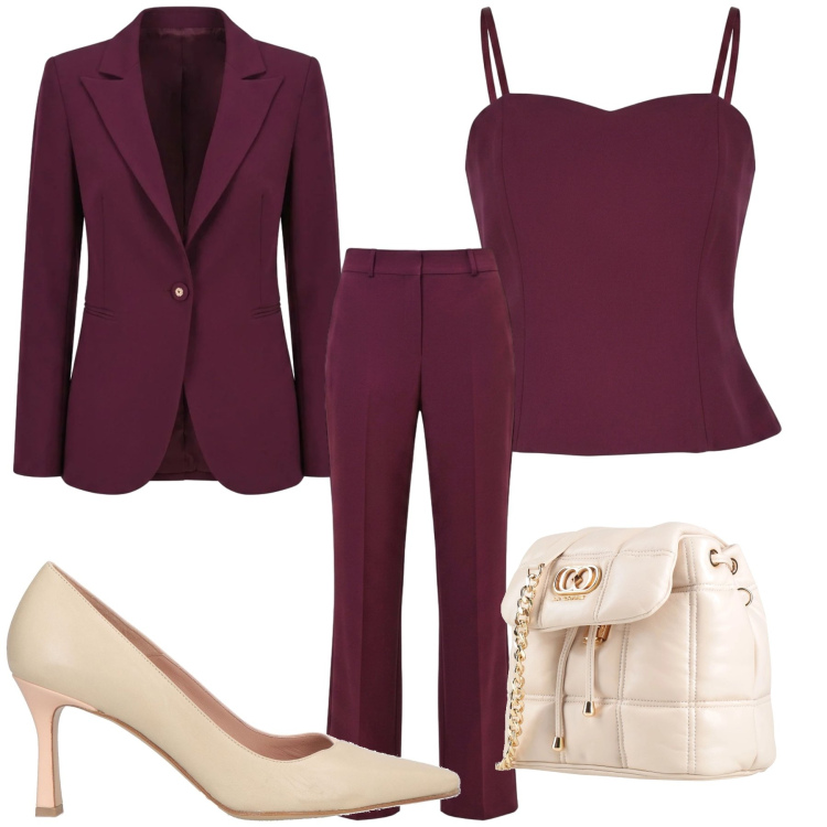Outfit donna - Outfit business chic Borgogna elegante. Stile Chic per Ufficio. Abbinamento con top, pantaloni, blazer, décolleté, valigie.
