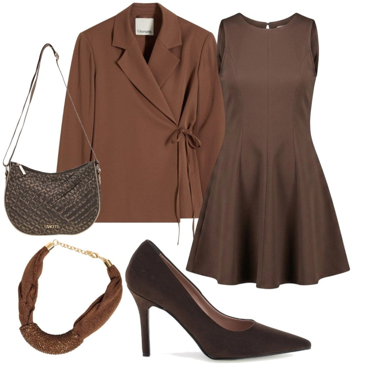 Outfit donna - Oroscopo Lo Scorpione-Cio' che non si mo. Stile Casual chic per Serata fuori. Abbinamento con vestiti senza maniche, collane, décolleté, blazer, borse a tracolla.
