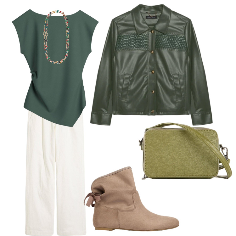 Outfit donna - Un look che ha il suo perché. Stile Trendy per Ufficio. Abbinamento con collane, blazer, jeans, stivaletti, borse a tracolla, top.