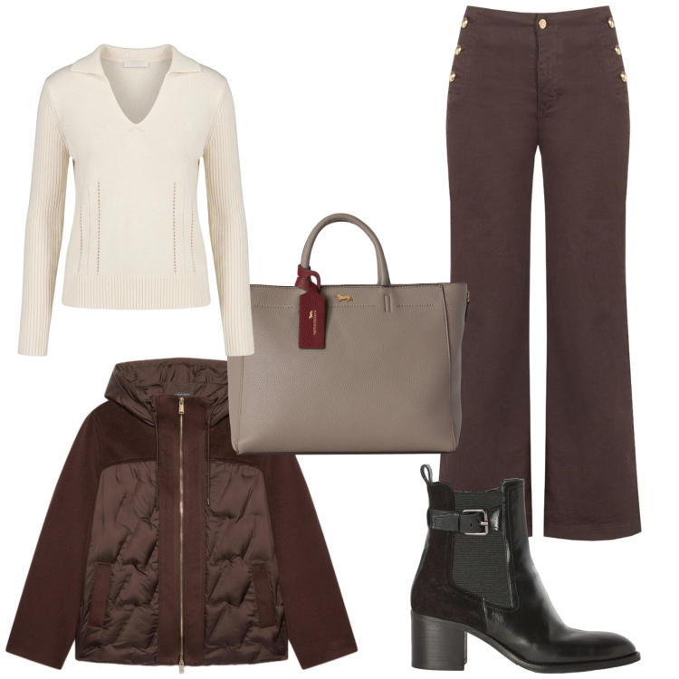Outfit donna - Outfit autunnale , cioccola e panna. Stile Bon Ton per Serata fuori. Abbinamento con borse a mano, stivaletti, maglieria, piumini, pantaloni.