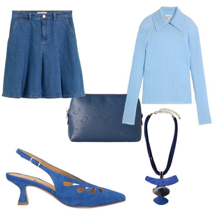 Outfit donna - Total look denim. Stile Bon Ton per Tutti i giorni. Abbinamento con pochette, ciondoli, décolleté, minigonne, maglieria.