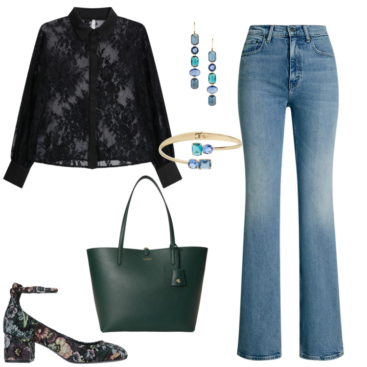 Outfit donna - Scorpione. Stile Casual chic per Ufficio. Abbinamento con camicie, jeans bootcut, borse tote, orecchini, braccialetti, décolleté.