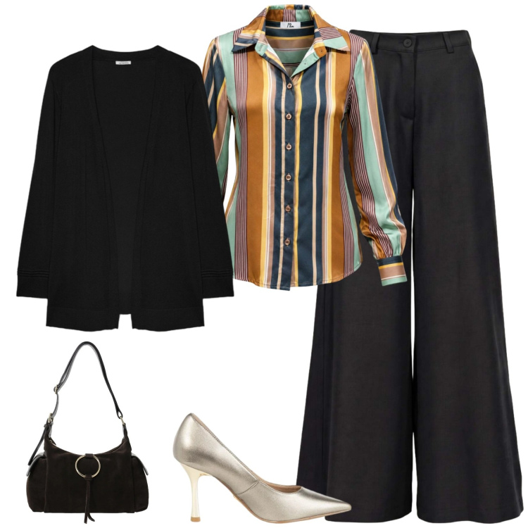 Outfit donna - Total look #2498463. Stile Chic per Cerimonia. Abbinamento con pantaloni a palazzo, camicie, borse a spalla, cardigans, décolleté.