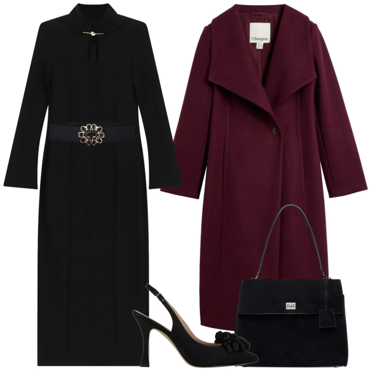 Outfit donna - Nero e bordeaux per un ricevimento. Stile Chic per Cerimonia. Abbinamento con vestiti midi/longuette, borse a mano, cinture, décolleté, cappotti.