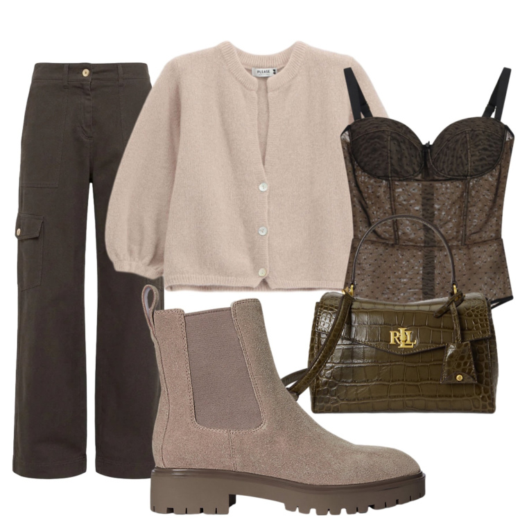 Outfit donna - Oroscopo Lo Scorpione. Stile Military per Tutti i giorni. Abbinamento con pantaloni cargo, body, stivaletti, borse a mano, cardigans.