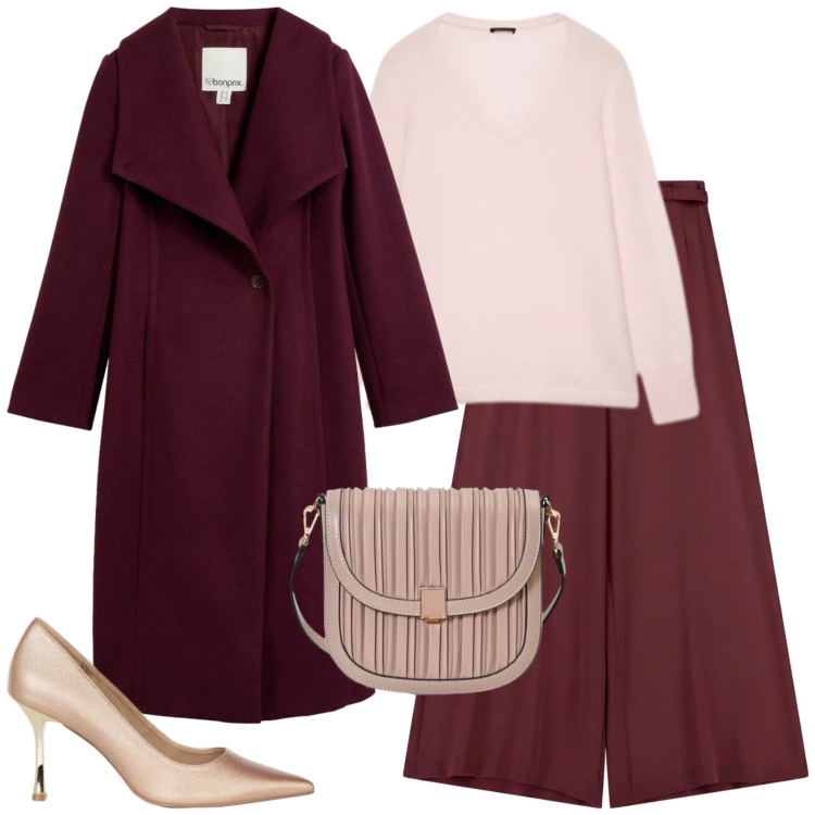 Outfit donna - Bordeaux e Rosa Cipria. Stile Casual chic per Serata fuori. Abbinamento con pantaloni a palazzo, maglieria, borse a tracolla, décolleté, cappotti.