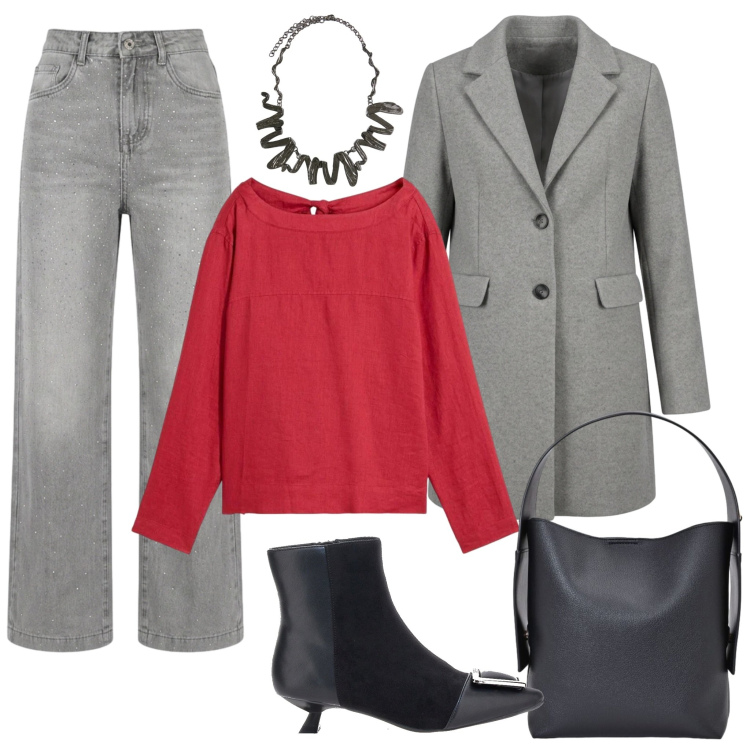 Outfit donna - Trendy con un tocco di rosso. Stile Casual per Tutti i giorni. Abbinamento con ciondoli, borse a spalla, jeans, cappotti, bluse, stivaletti.