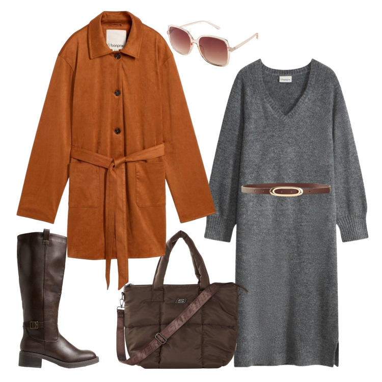 Outfit donna - Abito in maglia. Stile Basic per Tutti i giorni. Abbinamento con occhiali da sole, trench, shopping bag, cinture, vestiti midi/longuette, stivali.