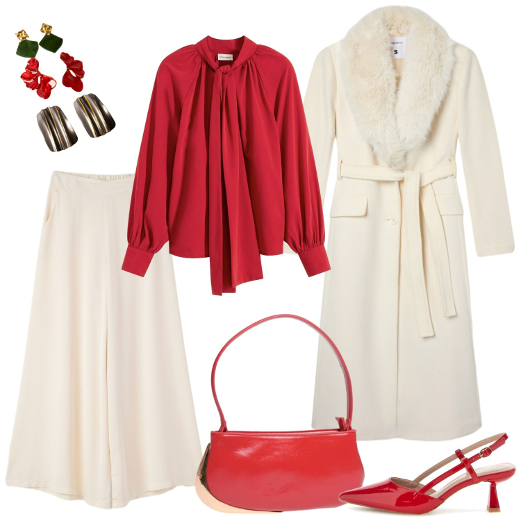 Outfit donna - Vernissage d'autunno. Stile Chic per Serata fuori. Abbinamento con borse a spalla, orecchini, cappotti, pantaloni, camicie, décolleté.