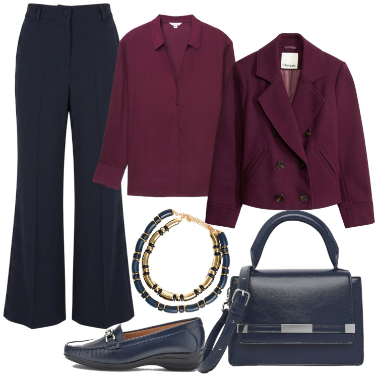 Outfit donna - In ufficio in blu e bordeaux. Stile Chic per Ufficio. Abbinamento con pantaloni, collane, borse a tracolla, camicie, mocassini, blazer.