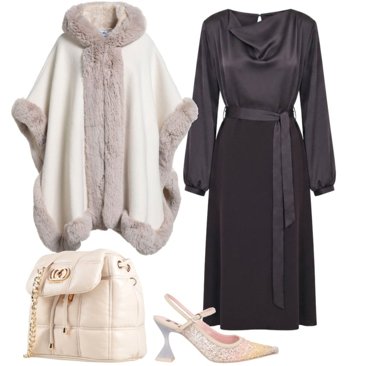 Outfit donna - Serata chic. Stile Chic per Serata fuori. Abbinamento con vestiti midi/longuette, cappe, décolleté, valigie.