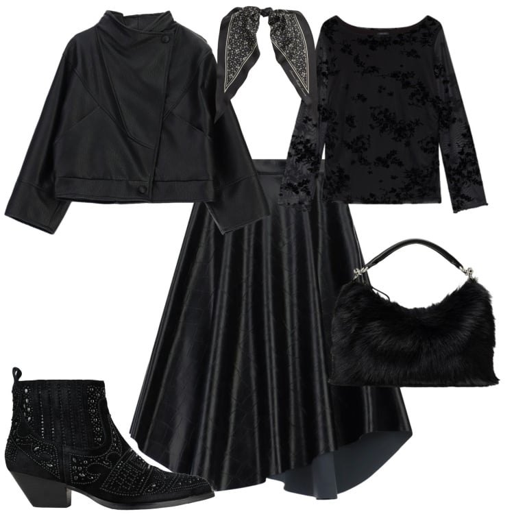 Outfit donna - Boho chic serata evento speciale. Stile Boho per Serata fuori. Abbinamento con t-shirt, foulard, borse a mano, gonne longuette, blazer, stivaletti.
