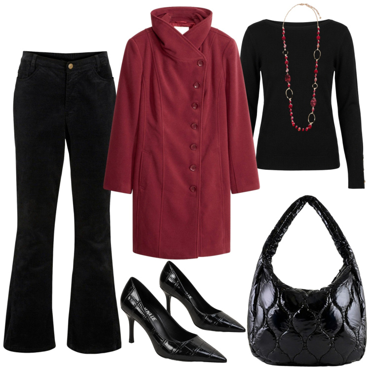 Outfit donna - Un invito serale. Stile Basic per Serata fuori. Abbinamento con collane, borse tote, décolleté, maglieria, pantaloni, cappotti.