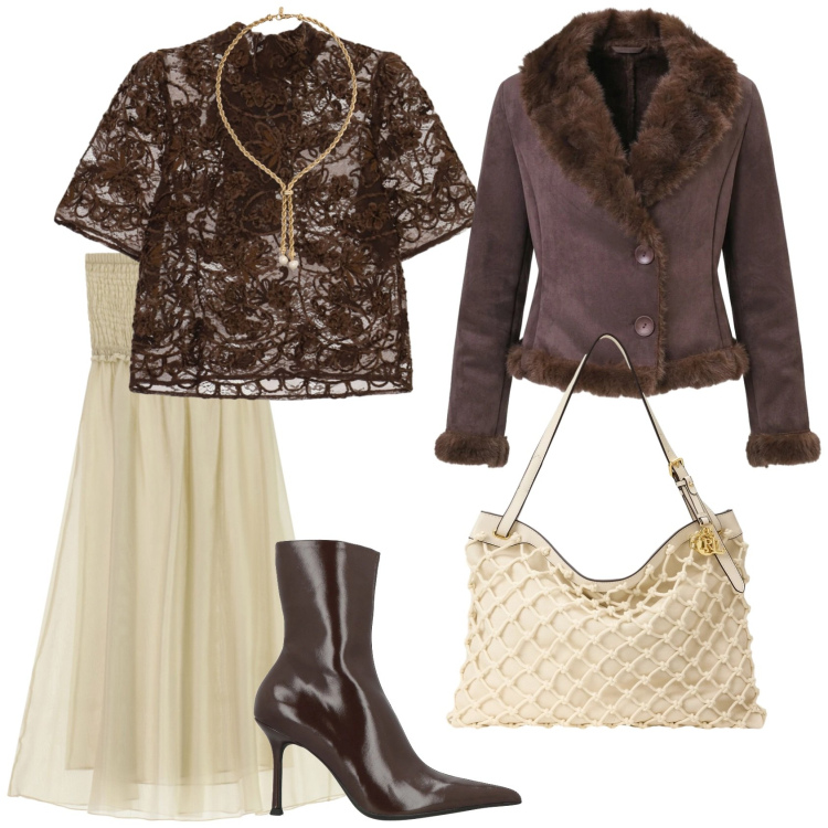 Outfit donna - Total look #2498487. Stile Glamour per Serata fuori. Abbinamento con top, collane, borse a spalla, blazer, gonne lunghe, stivaletti.