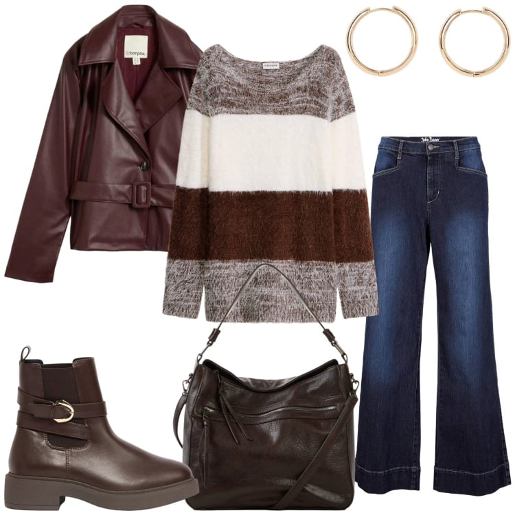 Outfit donna - Autunno e Inverno. Stile Casual per Tutti i giorni. Abbinamento con jeans, stivaletti, trench, maglieria, borse a tracolla, orecchini.