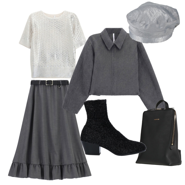 Outfit donna - Grey. Stile Casual chic per Tutti i giorni. Abbinamento con gonne longuette, maglieria, cappotti, stivaletti, cappelli e berretti, zaini.