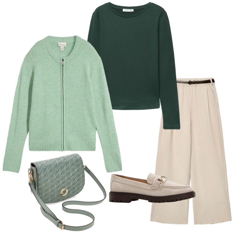 Outfit donna - Il brunch della domenica. Stile Basic per Tutti i giorni. Abbinamento con pantaloni, t-shirt, borse a tracolla, cardigans, mocassini.