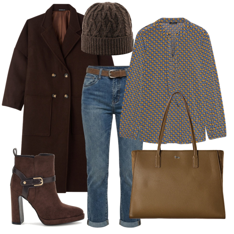 Outfit donna - Ottobre. Stile Boho per Tutti i giorni. Abbinamento con shopping bag, bluse, cappelli, jeans dritti, cappotti, stivaletti.