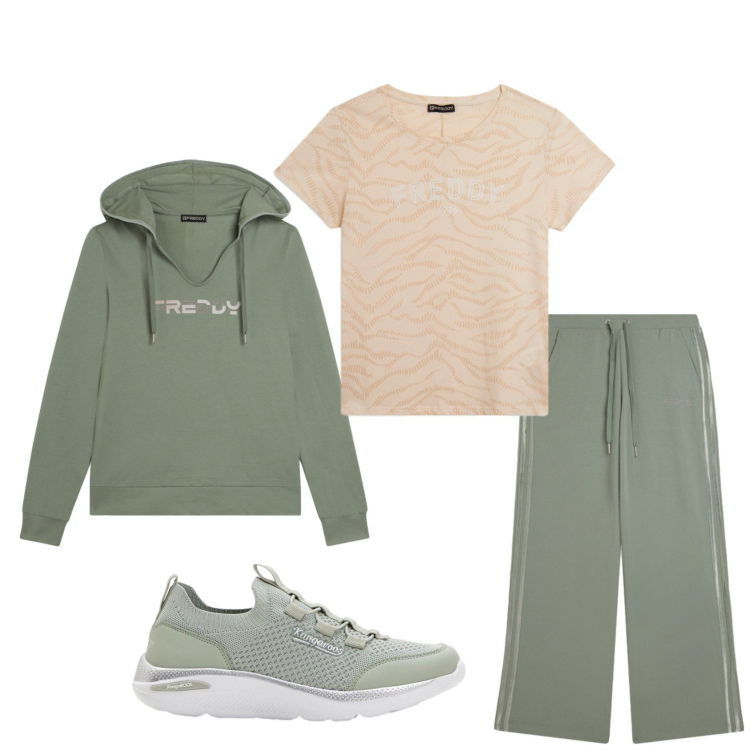 Outfit donna - Verde salvia. Stile Casual per Sport. Abbinamento con felpe con cappuccio, pantaloni, t-shirt, sneakers.