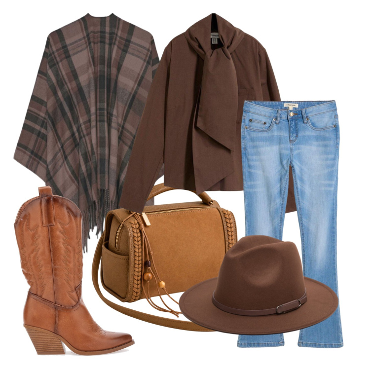 Outfit donna - Ottobre. Stile Boho per Tutti i giorni. Abbinamento con borse a tracolla, cappelli, cappe, jeans bootcut, bluse, stivaletti.
